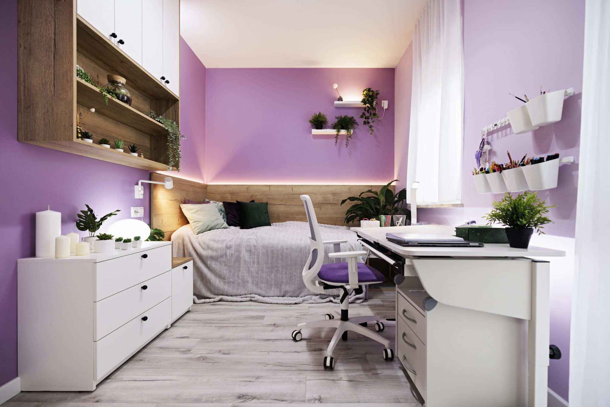 Modern luxury teenage girl's bedroom with desk and lot of plants. Bright wooden floor and lot of lamps.
Canon R5.