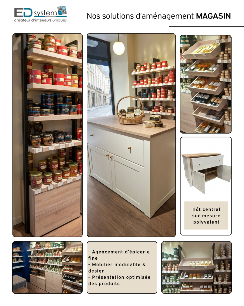 Agencement de magasin d'épicerie fine et mobilier modulable avec la gamme de profilés Structural ED System