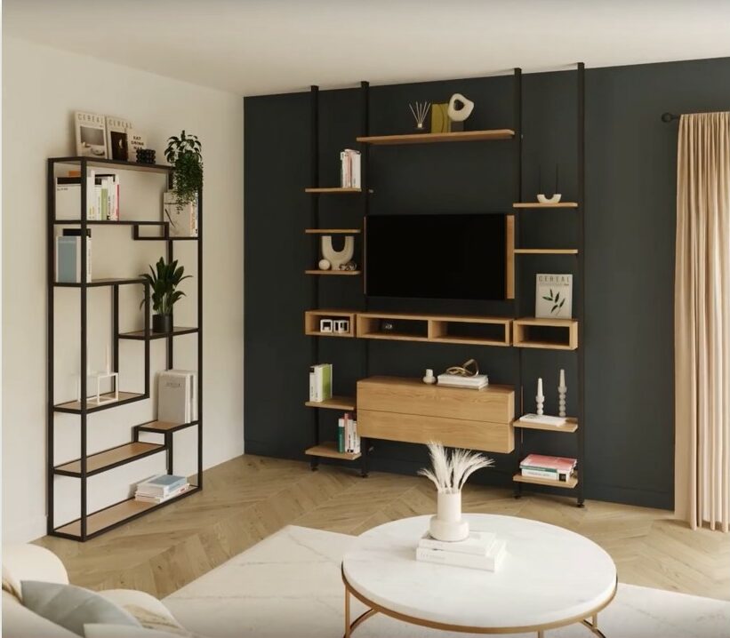meuble tv et bibliothèque Airline, profilés aluminium, agencement sur mesure modulable